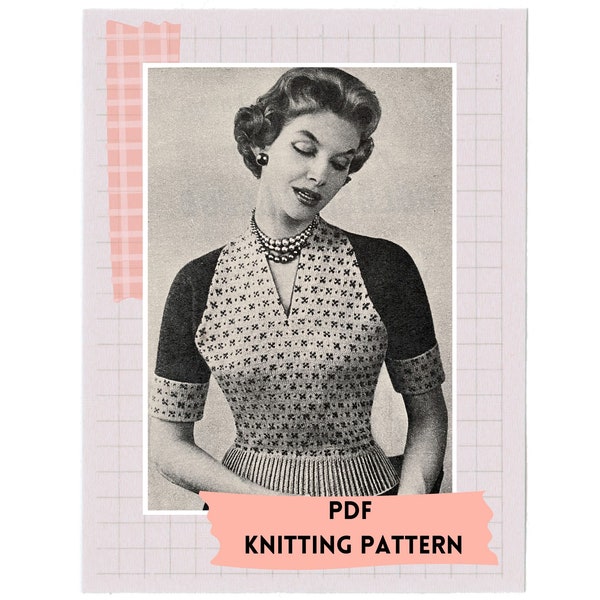 PDF Vintage 1950s Knitting Pattern Two Colour Fair Isle Jumper in 3-Ply