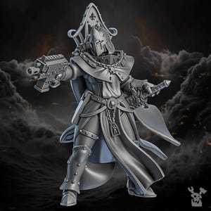May include: A gray plastic miniature figurine of a female warrior wearing a hooded robe and holding a gun and a sword. The figurine is posed in a dynamic action pose.