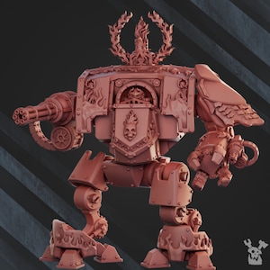 May include: A red plastic model of a robot with a large gun and a skull on its chest. The robot has a crown of flames on its head and is standing on a black and white striped background.