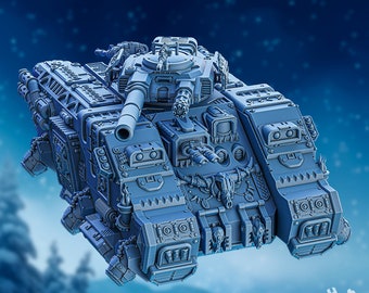 May include: A gray, detailed, futuristic tank with a large cannon and multiple smaller guns. The tank has a skull and horns on the front and is decorated with various mechanical details.