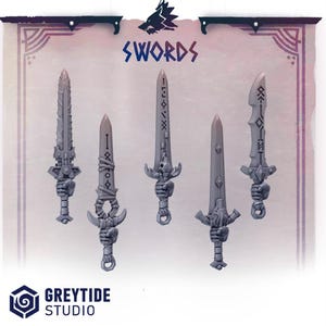 May include: Five different swords with intricate designs and runes. The swords are made of a gray material and have a hand holding the hilt of each sword.