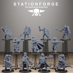 May include: A collection of eleven grey miniature soldier figurines from StationForge The Meridian Marches. The figures wear long coats, helmets, and gas masks, and are equipped with various weapons including rifles, maces, and shields.
