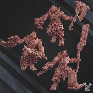 May include: Three detailed miniature figures of fantasy creatures with weapons. The figures are made of a light brown plastic and are posed in a dynamic action stance.