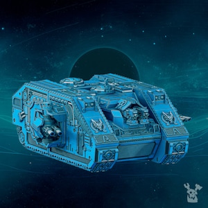 May include: A blue, futuristic, armored vehicle with a large cannon on the front and smaller cannons on the sides. The vehicle is set against a dark blue, starry background.