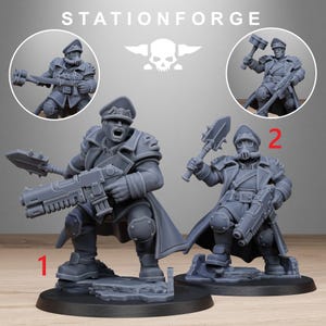 May include: Gray miniature figurines of soldiers in military uniforms, holding weapons. The figures are numbered 1 and 2, with additional inset images of the same figures. The text "STATIONFORGE" and a skull logo are at the top.