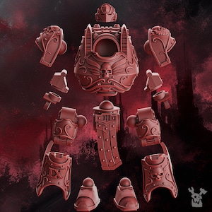 May include: A red plastic model kit of a space marine, disassembled into its various parts. The model features intricate details and a skull motif.