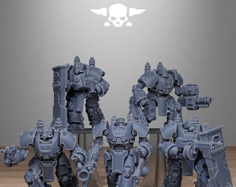 May include: A collection of gray miniature robot figures, each with detailed armor and weaponry, standing on black bases. The figures are arranged in various poses, suggesting action. The text "STATIONFORGE" and a skull logo are visible at the top.