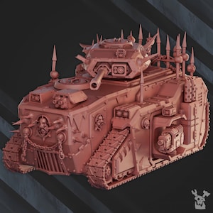 May include: A detailed, 3D printed model of a heavily armored, futuristic tank with a spiked, skull-adorned design. The tank is painted in a dusty pink color and features a large cannon and tracks.