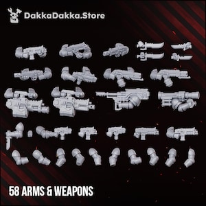 May include: A collection of 58 gray plastic miniature arms and weapons, including various rifles, heavy guns, and combat knives. The image features the text DakkaDakka.Store and 58 ARMS & WEAPONS, showcasing modular components for tabletop gaming figures.