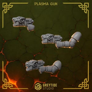 May include: Three gray plasma guns with a detailed, stylized design, featuring a creature's head at the barrel. The text "PLASMA GUN" is at the top. The image is set against a dark, textured background.
