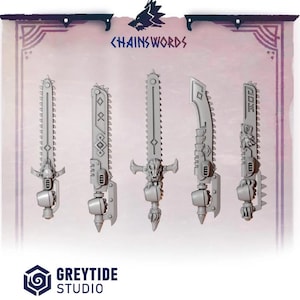 May include: Five gray chainswords with various blade designs and handle details are displayed against a purple and white background. The text "CHAINSWORDS" is at the top. The GreyTide Studio logo is at the bottom.