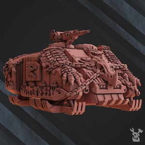 May include: A detailed, 3D printed model of a heavily armored, futuristic vehicle with a dragon head design. The vehicle is painted in a reddish-brown color and features a chain-link design.
