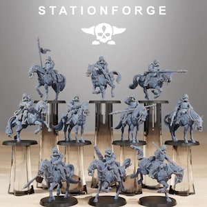 May include: A set of 10 unpainted plastic miniature figures of cavalry soldiers riding horses. The figures are posed in various dynamic stances, some holding weapons and others with flags. The figures are all wearing helmets and armor. The figures are all mounted on horses, which are also posed in various dynamic stances. The figures are all made of a light gray plastic. The figures are all part of the Stationforge brand.