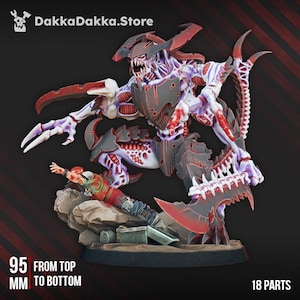 May include: A detailed miniature figure of a monstrous creature with a menacing expression, featuring a combination of red, white, and black colors. The figure is 95 mm tall and has 18 parts. The DakkaDakka.Store logo is visible.