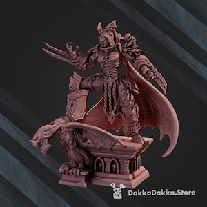 May include: A detailed miniature of a female warrior with wings, wearing armor and holding a weapon. She stands on a stone base with a gargoyle. The miniature is painted in a light brown color.