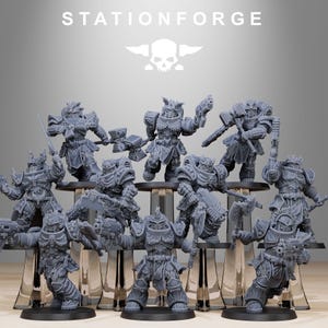 May include: A set of ten gray plastic miniature figures of warriors wearing armor and holding weapons. The figures are posed in various fighting stances. The figures are standing on small round bases. The figures are part of a tabletop game.