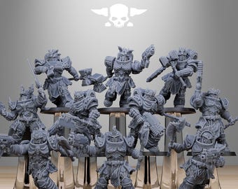 Puede incluir: Un conjunto de diez figuras en miniatura de plástico gris de guerreros que llevan armadura y empuñan armas. Las figuras están en varias posturas de combate. Las figuras están de pie sobre pequeñas bases redondas. Las figuras son parte de un juego de mesa.