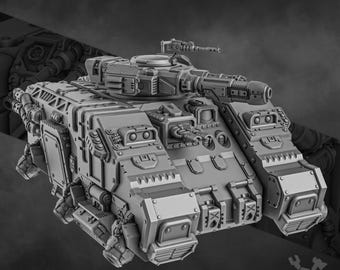 Puede incluir: Un modelo de tanque futurista gris, detallado, con un cañón grande y múltiples cañones más pequeños. El tanque tiene un diseño complejo con muchos detalles intrincados y una superficie texturizada.