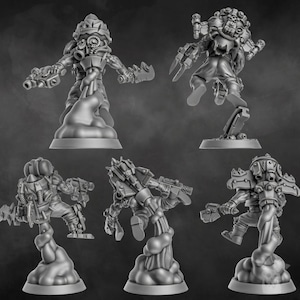 May include: Five gray plastic miniature figures of orcs wearing futuristic armor and holding weapons. The figures are posed in various action poses and are standing on small bases.