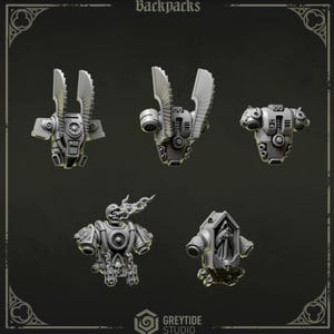 May include: A set of five grey resin miniature backpacks for tabletop gaming figures. The designs include two winged jump packs, one standard power pack, one pack with a skull and smoke effect, and one pack featuring a hooded figure in a shrine.