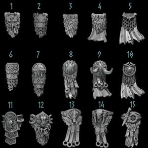 May include: Fifteen different designs of 3D printed shields, each with a unique design and texture. The shields are all gray and have a variety of shapes and patterns.