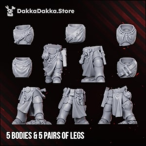 May include: A set of five grey resin miniature torsos and five pairs of miniature legs, featuring various armor designs, pouches, and skull details. The text DakkaDakka.Store and 5 BODIES & 5 PAIRS OF LEGS is visible on the image.