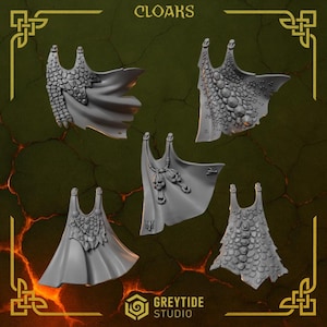 May include: An assortment of five gray cloaks with various designs, including scale-like textures and decorative elements. The word "CLOAKS" is displayed at the top. The Greytide Studio logo is at the bottom.