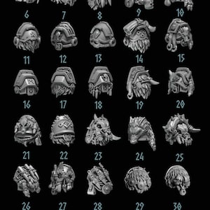 May include: Thirty different miniature plastic helmet designs, numbered 1 through 30, with various styles and details, including horns, spikes, and fur.