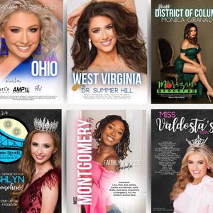 Può includere: Un collage di sei poster promozionali con donne. Ogni poster include un primo piano di una donna, il nome di uno stato o regione e testo. I poster promuovono concorsi di bellezza, con testo come "Miss Ohio" e "Miss West Virginia".