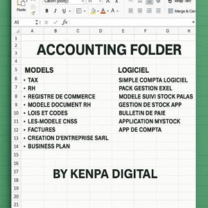 Puede incluir: Captura de pantalla de una carpeta de contabilidad en un programa de hoja de cálculo. La hoja de cálculo muestra el título "ACCOUNTING FOLDER" y enumera varios modelos y software, incluyendo "TAX", "RH" y "BUSINESS PLAN". También se ve el texto "BY KENPA DIGITAL".