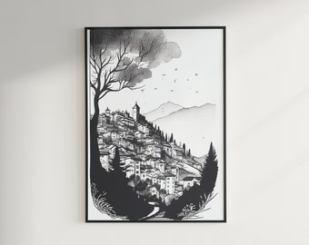 Printable drawing of a Village in the distance wall art