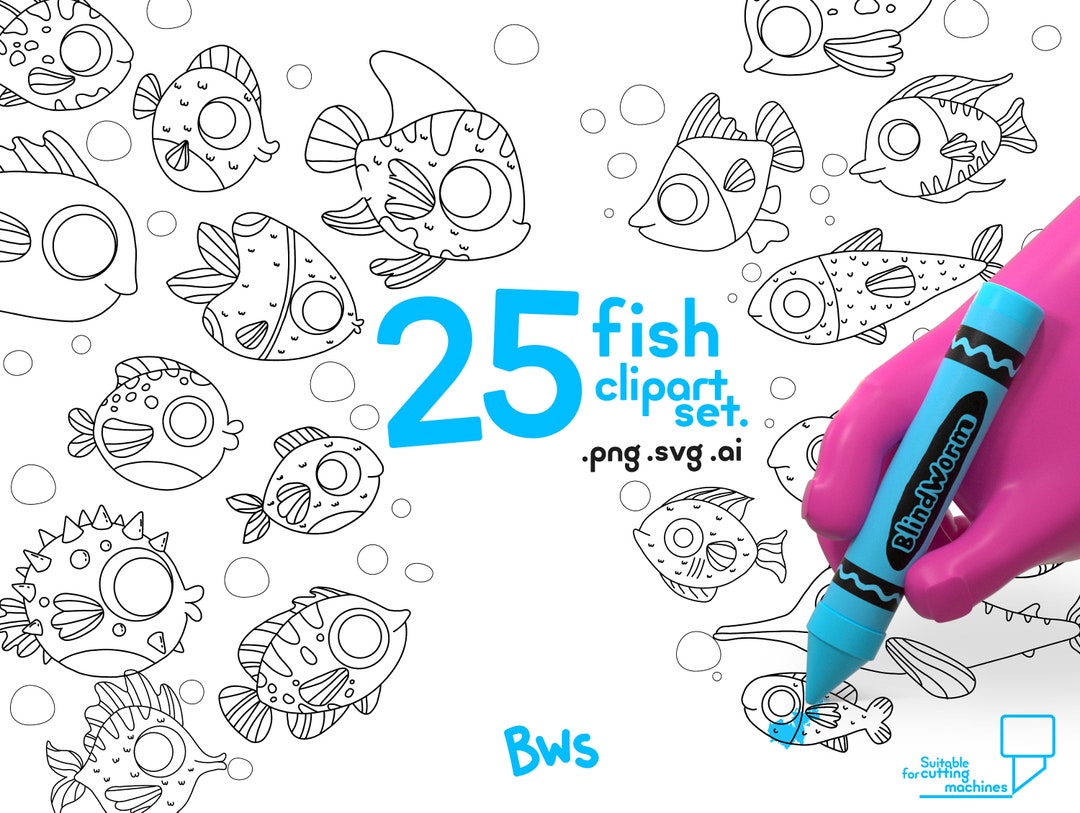 Fish Clipart for Coloring Fish Outlined Vector 25 Fish Set Illustration ...