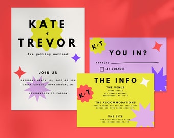 Colorful Bright Wedding Invite, Minimalist Wedding Invite, Retro, Funky Editable & Printable Set, Invitation Suite, Instant Download