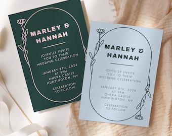 Colorful Wedding Invite, Minimalist Wedding Invite, Illustrated, Editable & Printable Set, Invitation Suite, Instant Download, Cool Tones