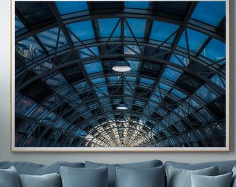 Blue Glass Walkway Print, Modern Architecture Photography (Digital Download)