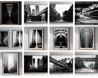 May include: A collection of framed black and white photographs featuring urban and industrial scenes. The images showcase architectural details, cityscapes, and interior spaces, all in monochrome. Each photograph is displayed in a wooden frame.