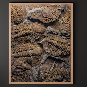 以下が含まれることがあります： 額縁に入った、三葉虫の化石のクローズアップ写真。様々なサイズと形状の化石は、詳細な質感と茶色とベージュの色合いを持っています。フレームは明るい木の色です。