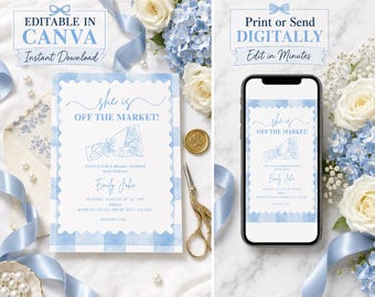 She Is Off the Market-sjabloon voor vrijgezellenfeest | Uitnodiging voor iets blauws vrijgezellenfeest | Bewerkbare canvassjabloon | Direct downloaden