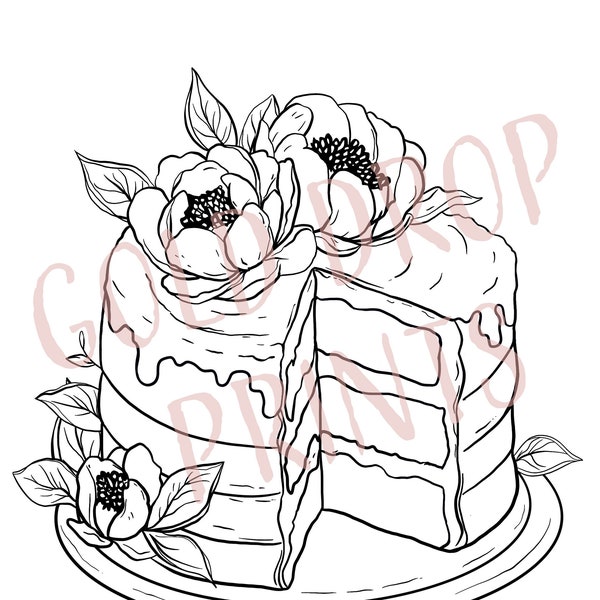 Pretty Flower Cake / print / coloring page / dessert coloring sheet/ cake png