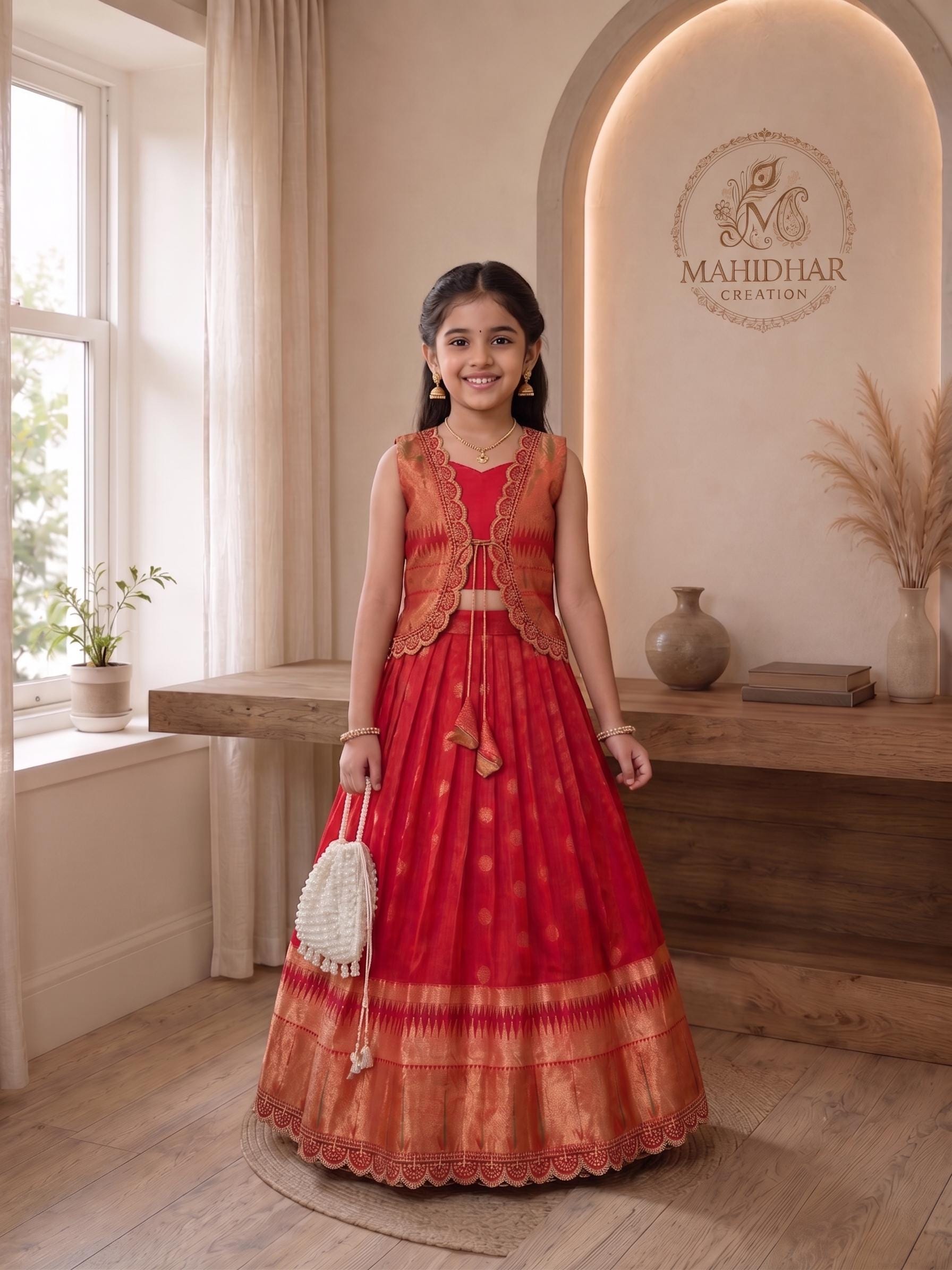 Elegant Paithani Silk Flared Gown With Designer Coat Sleeveless Girls Lehenga Ethnic Kids Wear, Traditional Indian Dress Pavadai Thavani