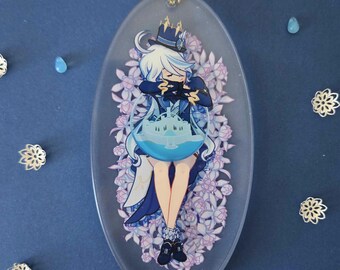 Accessoires Genshin Impact Furina (Focalors) - Pendentif Goutte Cristal Bleu, Badge, Collier Et Porte-clés (Lot De 4) Badge Porte-clés Genshin