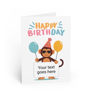 Fijne verjaardagswenskaarten, aanpasbaar aapontwerp, perfect voor kinderfeestjes, leuke feesten, gepersonaliseerde berichten