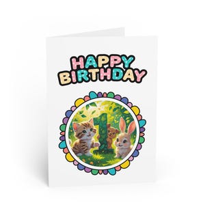 Greeting Cards, Cute Bunny and Kitten 1st Birthday Card, Happy Birthday, Celebration Cards, Handmade Cards,