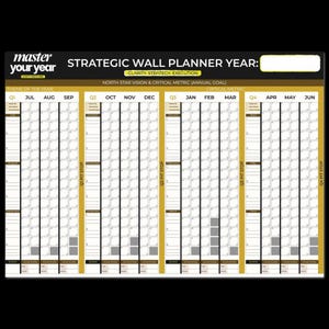 Könnte beinhalten: Ein strategischer Wandplaner in Schwarz und Gold. Der Planer hat ein jährliches Kalenderraster mit monatlichen Spalten und Platz für Notizen. Der Text enthält "Master Your Year" und "Strategic Wall Planner Year".