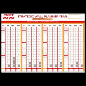 Könnte beinhalten: Ein großer, orangefarbener und weißer strategischer Wandplaner mit dem Text "master your year" oben. Der Planer ist in Monate und Quartale unterteilt und bietet Platz für Notizen und Ziele. Der Text "STRATEGIC WALL PLANNER YEAR:" ist ebenfalls sichtbar.