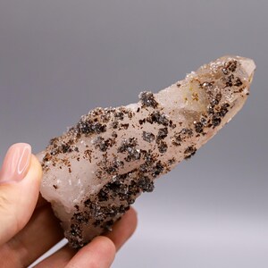 May include: A clear quartz crystal with a pink hue, covered in small, brown, metallic crystals. The crystal is pointed at one end and has a rough, textured surface.