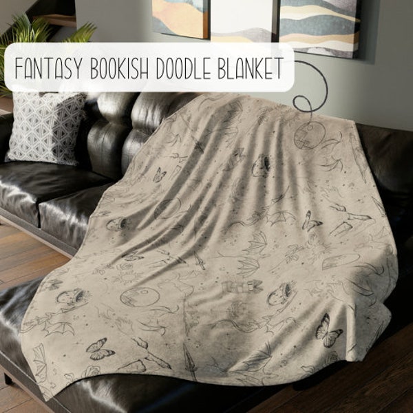 Enchanting Bookish Doodle Blanket Minky Fleece Blanket Cozy Reading Nook Decor Unique Book Lover Book Merch Fantasy Blanket Gift Idea Soft