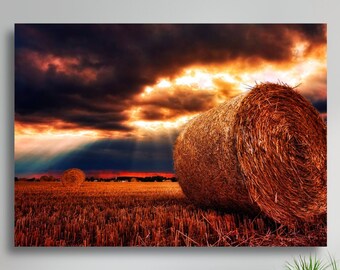 Haybales redondos en un campo bajo un cielo tormentoso, lienzo mate grande, impresión fotográfica, listo para colgar, arte de pared