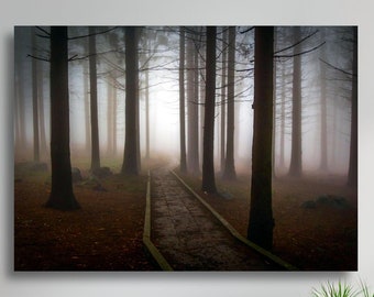 Camino a través del bosque y la niebla, lienzo mate grande, impresión fotográfica, listo para colgar, arte de pared