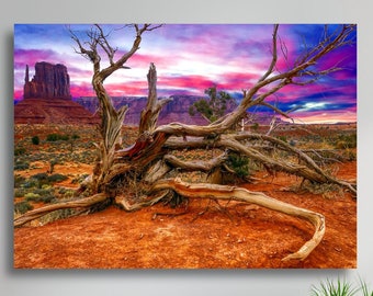 Monument Valley Arizona Pink Sky Sunset Juniper Tree Lienzo mate grande Impresión fotográfica Listo para colgar Arte de la pared